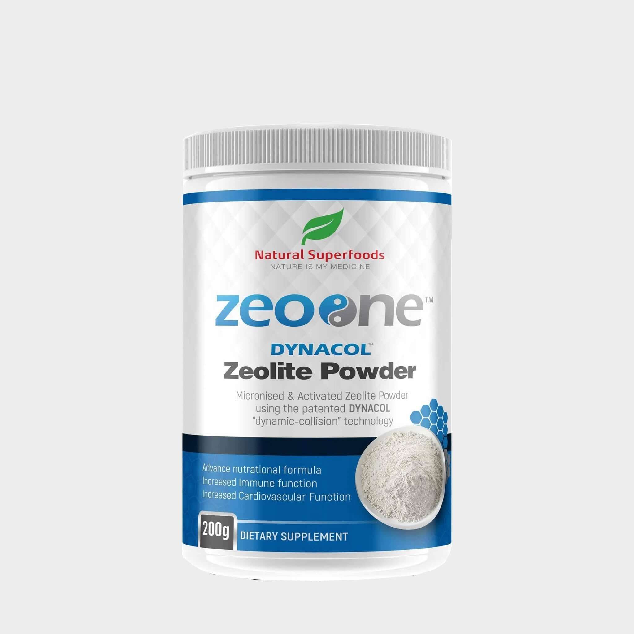 ZeoHeal Pack by Natural Superfoods featuring 200g of zeolite and greens powder in a resealable bag.