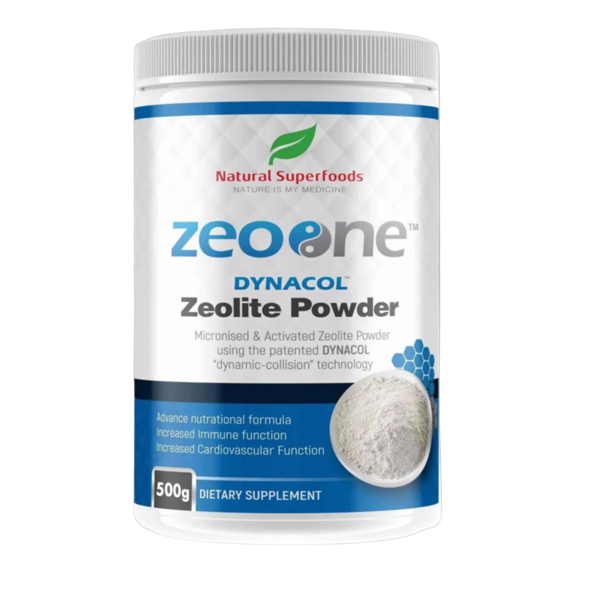 Natural Superfoods ZeoOne Zeolite Powder 500g in a clear jar, showcasing the fine white mineral powder for detox and wellness.