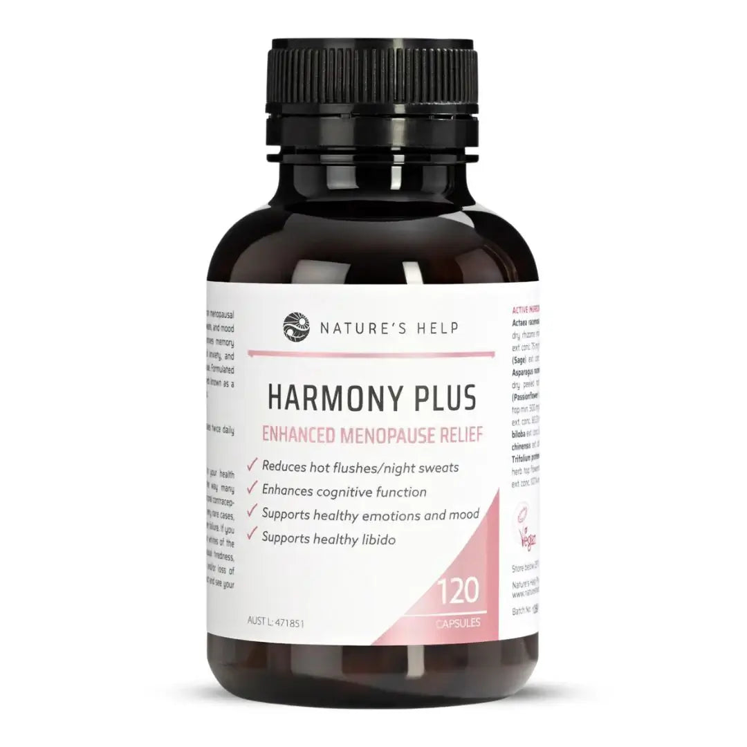 Nature's Help Harmony Plus menopause relief supplement for women, showing the bottle with 120 capsules in the image.