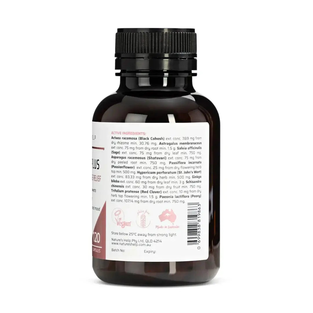 Nature's Help Harmony Plus women's hormone supplement for menopause relief, featuring 120 capsules in natural packaging.