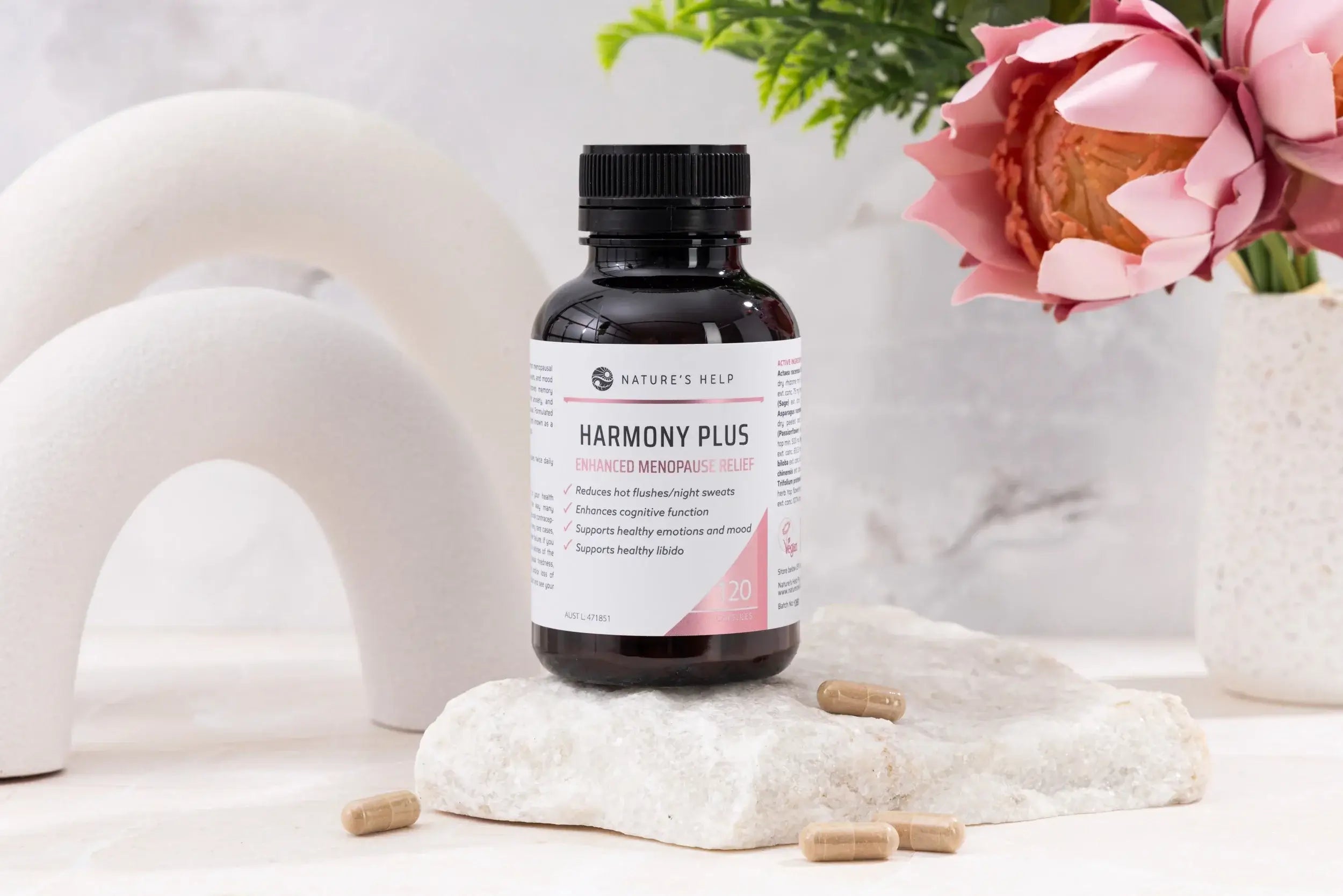 Nature's Help Harmony Plus menopause relief supplement for women, showing the bottle with 120 capsules in natural packaging.