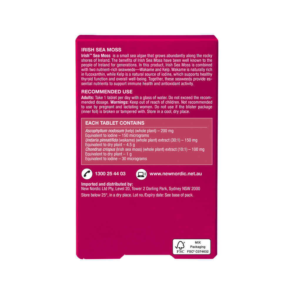 New Nordic Irish Sea Moss supplement in 30 tablets, showing the product packaging and label.