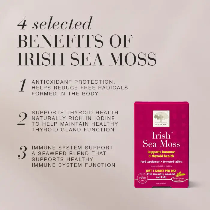 New Nordic Irish Sea Moss supplement in 30 tablets, showcasing the product bottle with label and sea moss imagery.