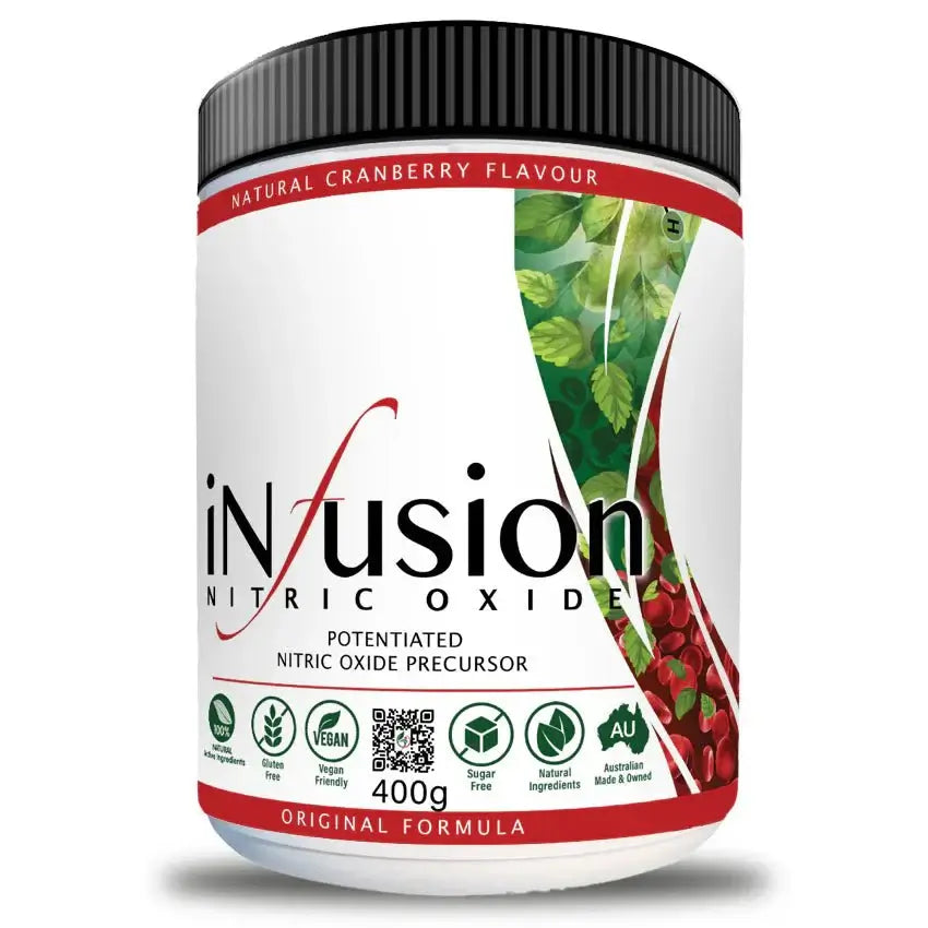 NIOX Health Nitric Oxide Infusion Cranberry powder in a 400g container, natural supplement for nitric oxide support