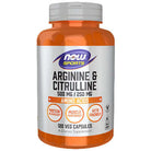 NOW Foods Arginine & Citrulline amino acids supplement in 120 vegetarian capsules, featuring 500 mg Arginine and 250 mg Citrulline.