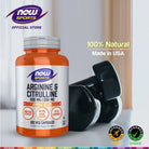 Bottle of NOW Foods Arginine and Citrulline amino acids capsules, 120 vegetarian capsules in a clear jar with label.