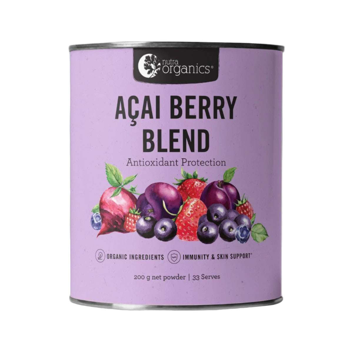 Nutra Organics Organic Acai Berry Blend in a 200g package, featuring vibrant acai berries and natural superfood ingredients.