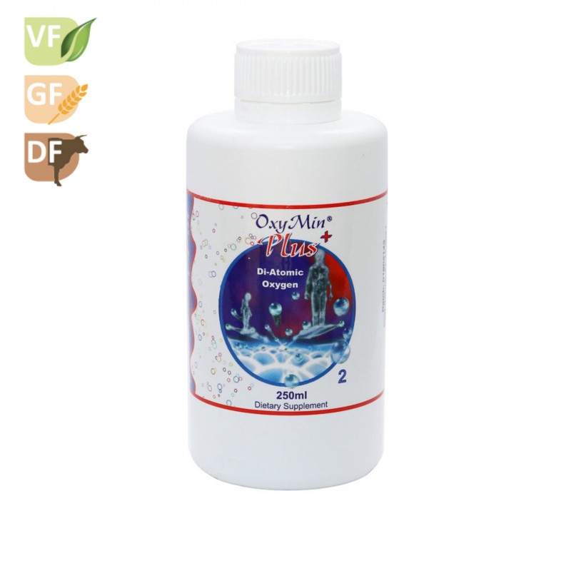 Oxy Min OxyMin Plus Di-Atomic Oxygen 250ml bottle, clear liquid supplement with label showing product details.