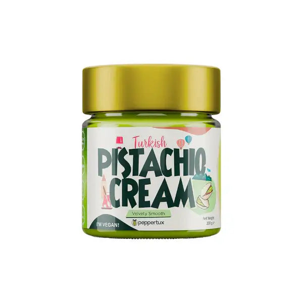 Peppertux Turkish Pistachio Cream jar showing creamy pistachio spread in 200g container, highlighting the product's texture and packaging.