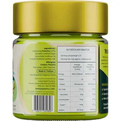 Peppertux Turkish Pistachio Cream in 200g jar, showcasing creamy pistachio spread with a vibrant green color and smooth texture.