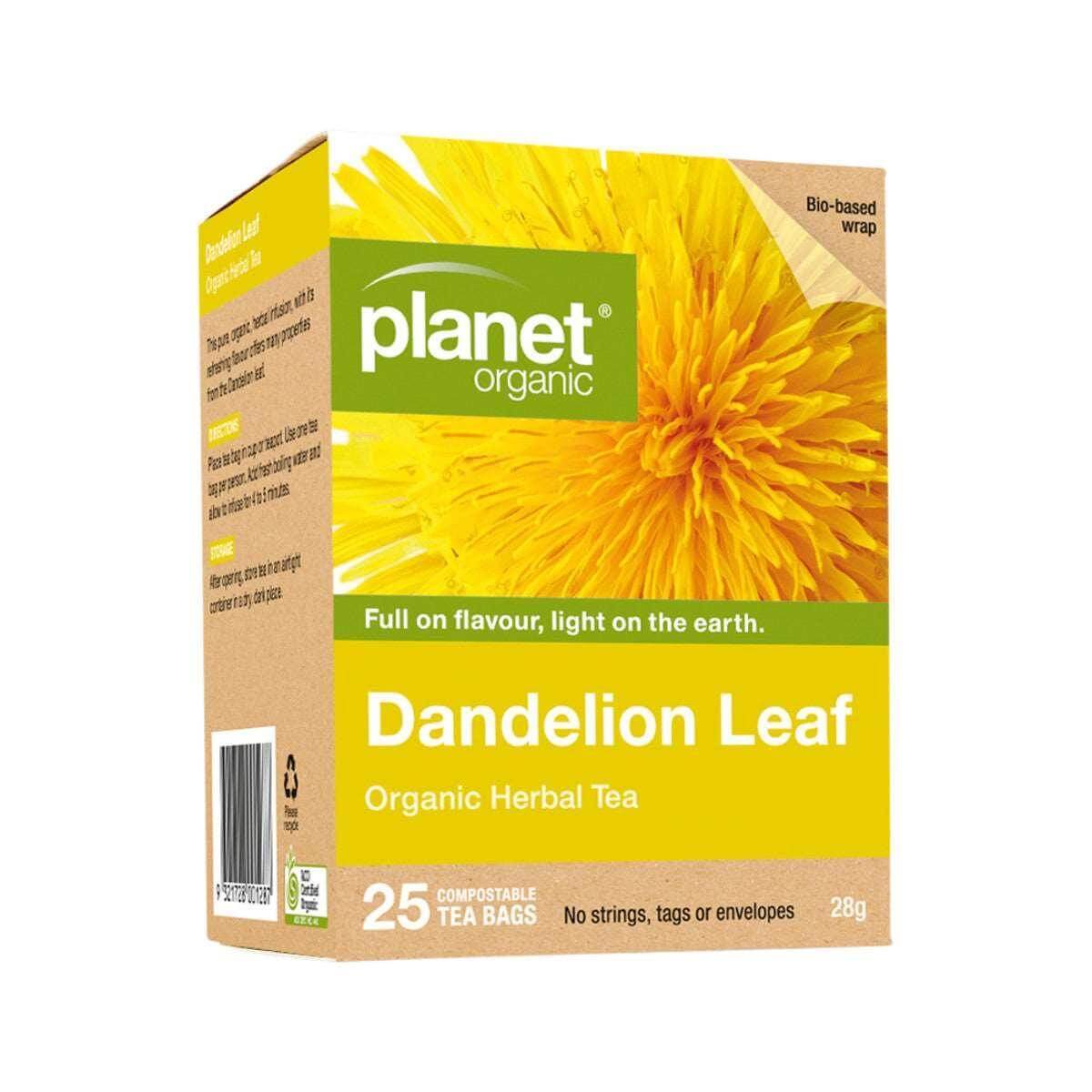 Planet Organic Organic Dandelion Leaf Herbal Tea in a box of 25 tea bags, showcasing the herbal tea product with leaf imagery.