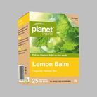 Planet Organic Lemon Balm Herbal Tea in 25 tea bags, featuring fresh lemon balm leaves and natural herbal ingredients.