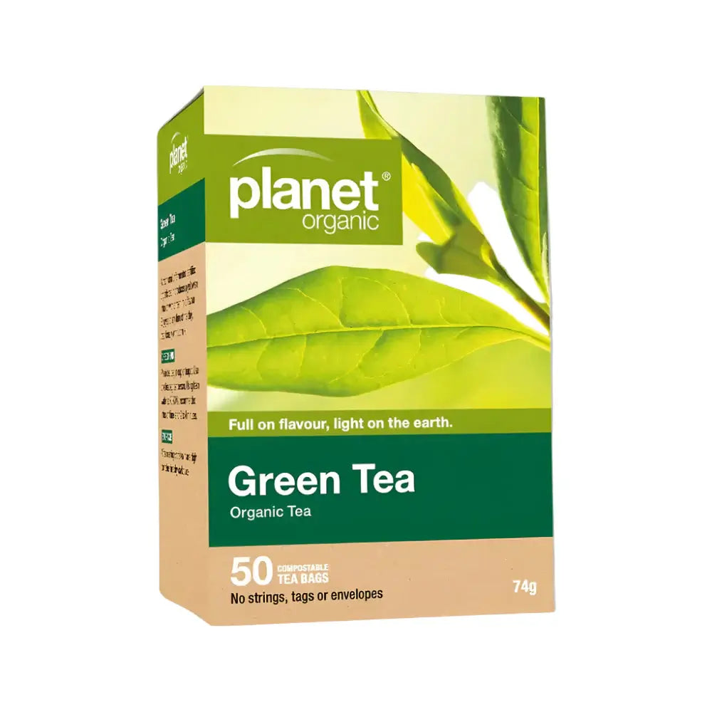 Planet Organic organic green tea in a box of 50 tea bags, showcasing the green tea leaves and packaging.