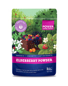 Organic elderberry powder by Power Super Foods in a 60g container, featuring vibrant dried elderberries and powder in a natural setting.