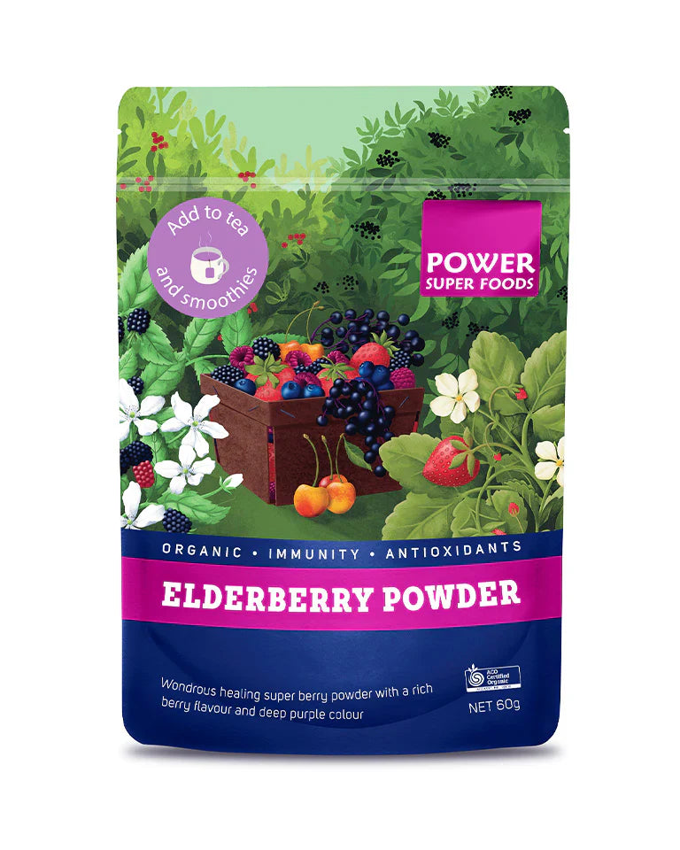Certified organic Power Super Foods elderberry powder in a 60g package, showing vibrant purple elderberry powder in a container.