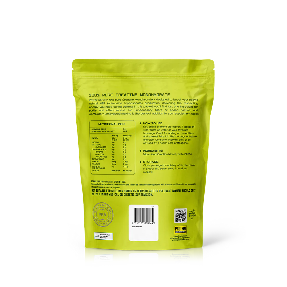 Protein Supplies Australia Performance Creatine Pure powder in a 200g container, shown in a clear, resealable bag.