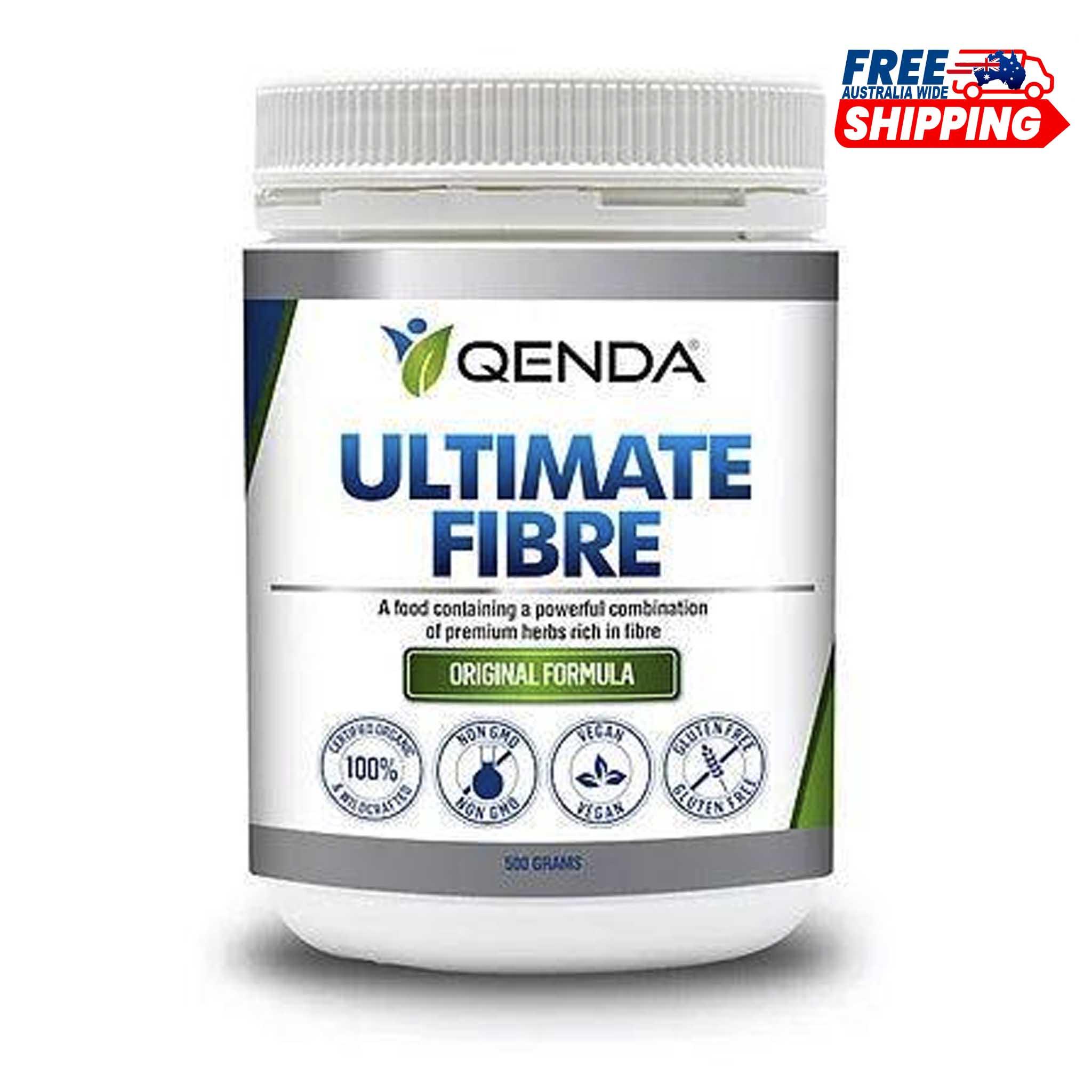 QENDA Ultimate Fibre Original Formula 500g container with free shaker, promoting gut health and digestive wellness.