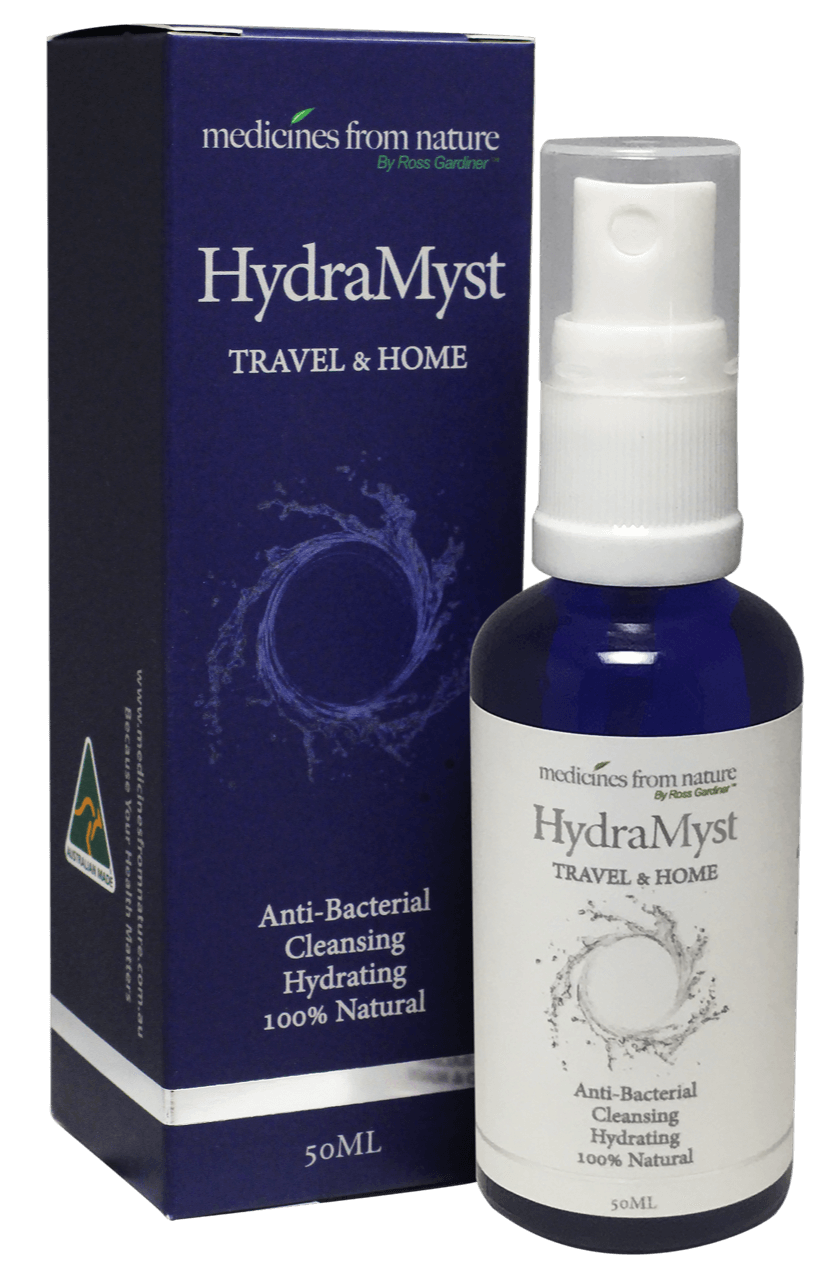 HydraMyst Anti-Bacterial Colloidal Silver spray by Ross Gardner in a 50ml bottle, used for travel and home antibacterial needs.