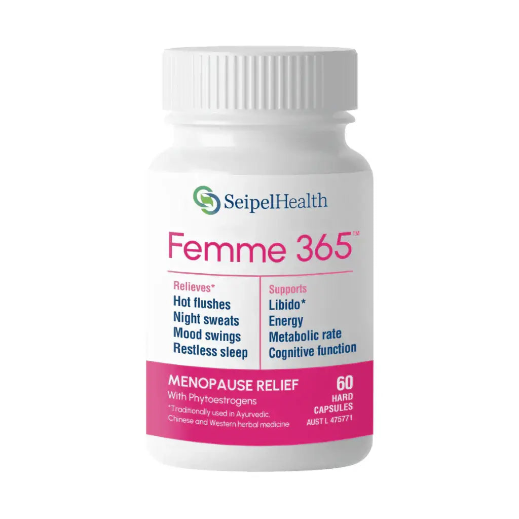 Seipel Health Femme 365 female hormone supplement bottle with label, 60 capsules, designed to support hormonal balance and health.