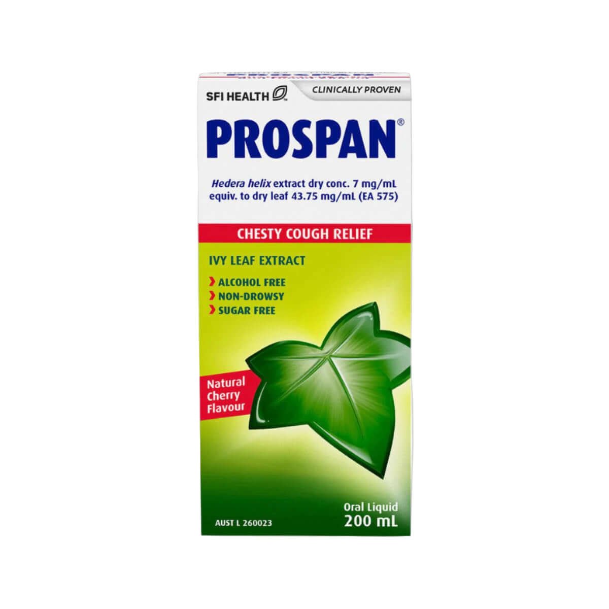SFI Health Prospan Chesty Cough Relief Cherry Flavour oral liquid 200ml bottle, showing the product label and packaging.