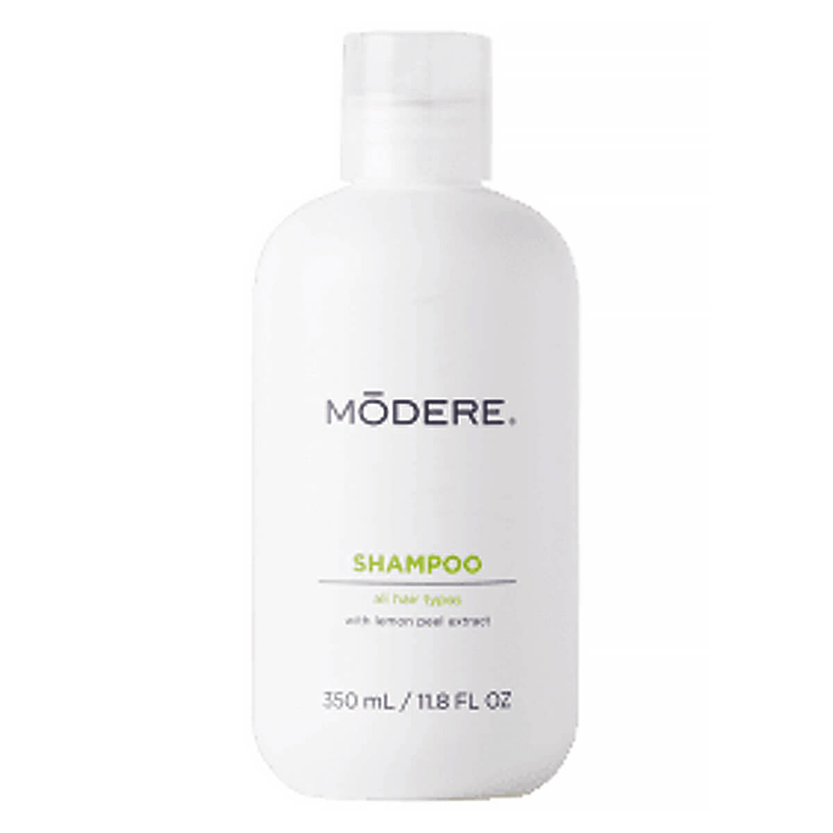 Shaklee Modere Shampoo for all hair types in a 350ml bottle, featuring clear liquid and a simple label design.