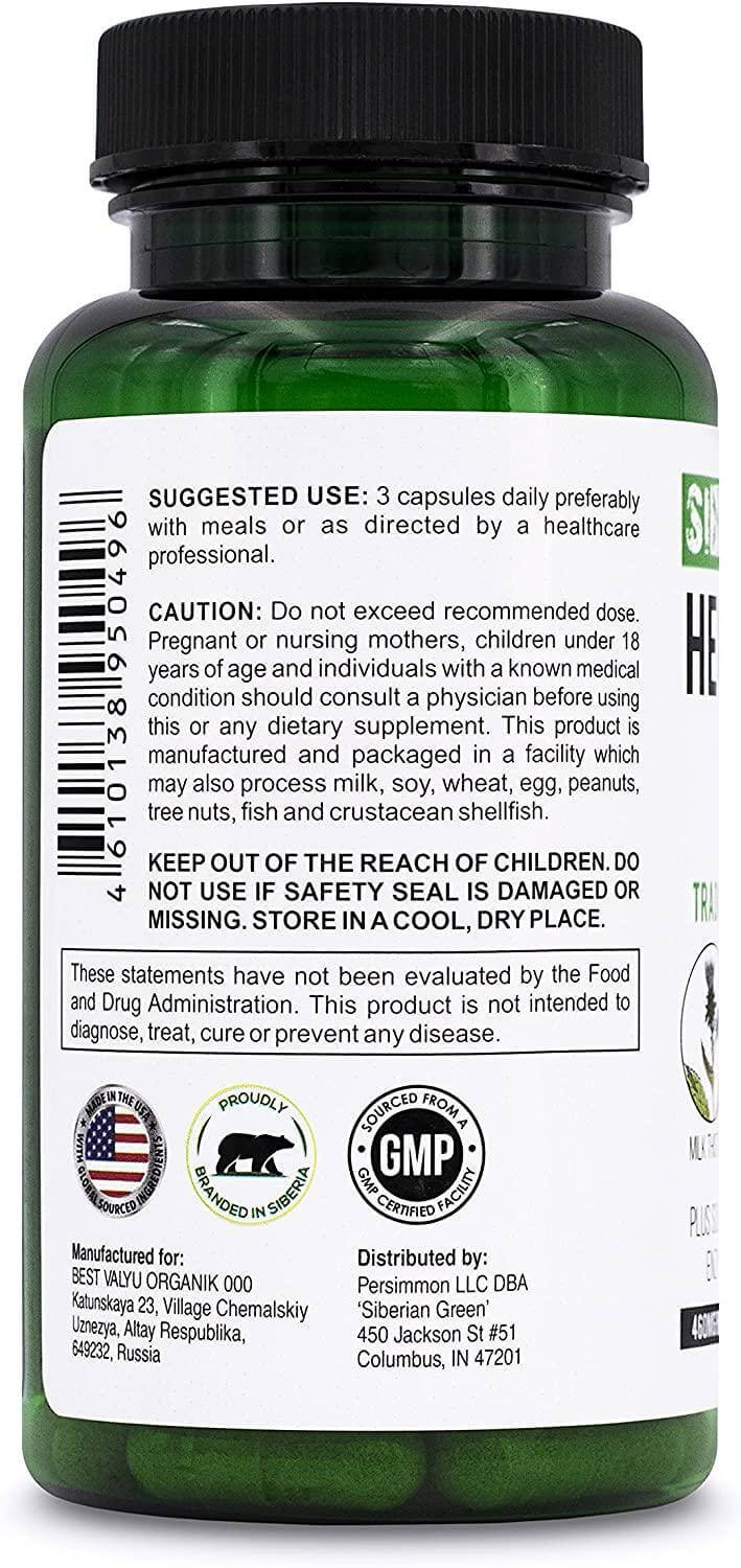 Siberian Green herbal liver detox capsules with milk thistle, artichoke, and dandelion for liver cleanse and alkaline balance.