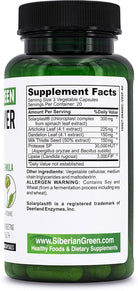 Siberian Green Herbal Liver Detox capsules featuring milk thistle, artichoke, and dandelion for liver cleansing and alkaline balance.