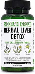 Siberian Green Herbal Liver Detox supplement bottle with 60 capsules, featuring milk thistle, artichoke, and dandelion for liver cleansing.