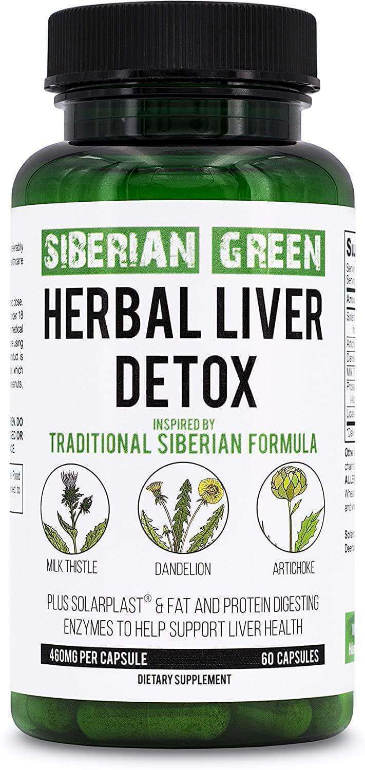 Siberian Green Herbal Liver Detox capsules with milk thistle, artichoke, and dandelion for liver cleansing and alkaline balance.