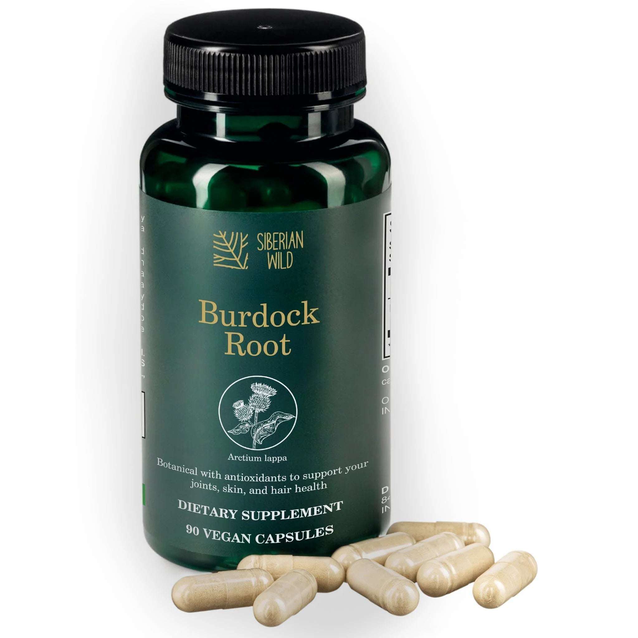 Siberian Green Siberian Wild Burdock Root Capsules, 1200mg, 90 capsules, natural herbal supplement in clear bottle