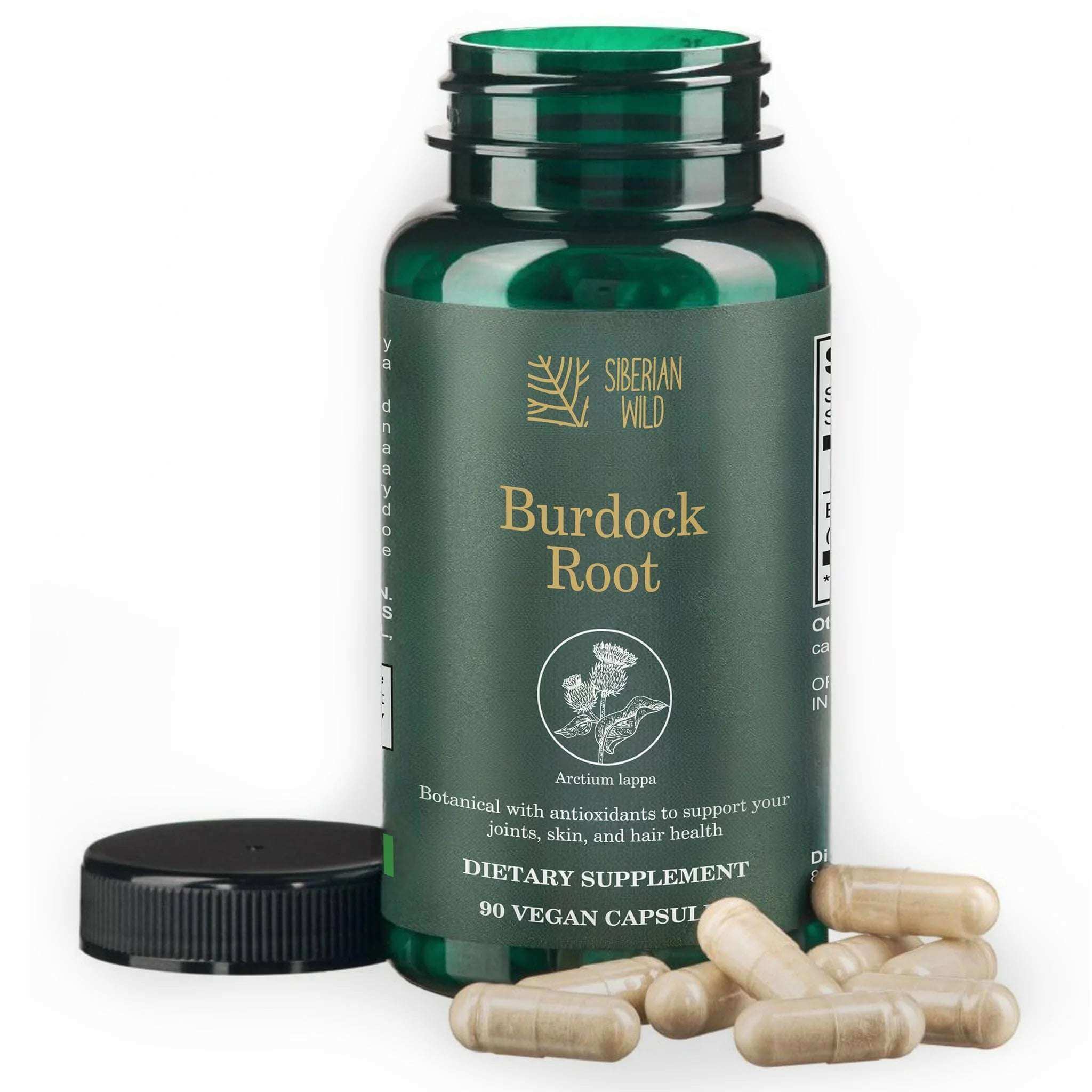 Siberian Green Siberian Wild Burdock Root Capsules, 1200mg, 90 softgel capsules, natural herbal supplement for detox and skin health.