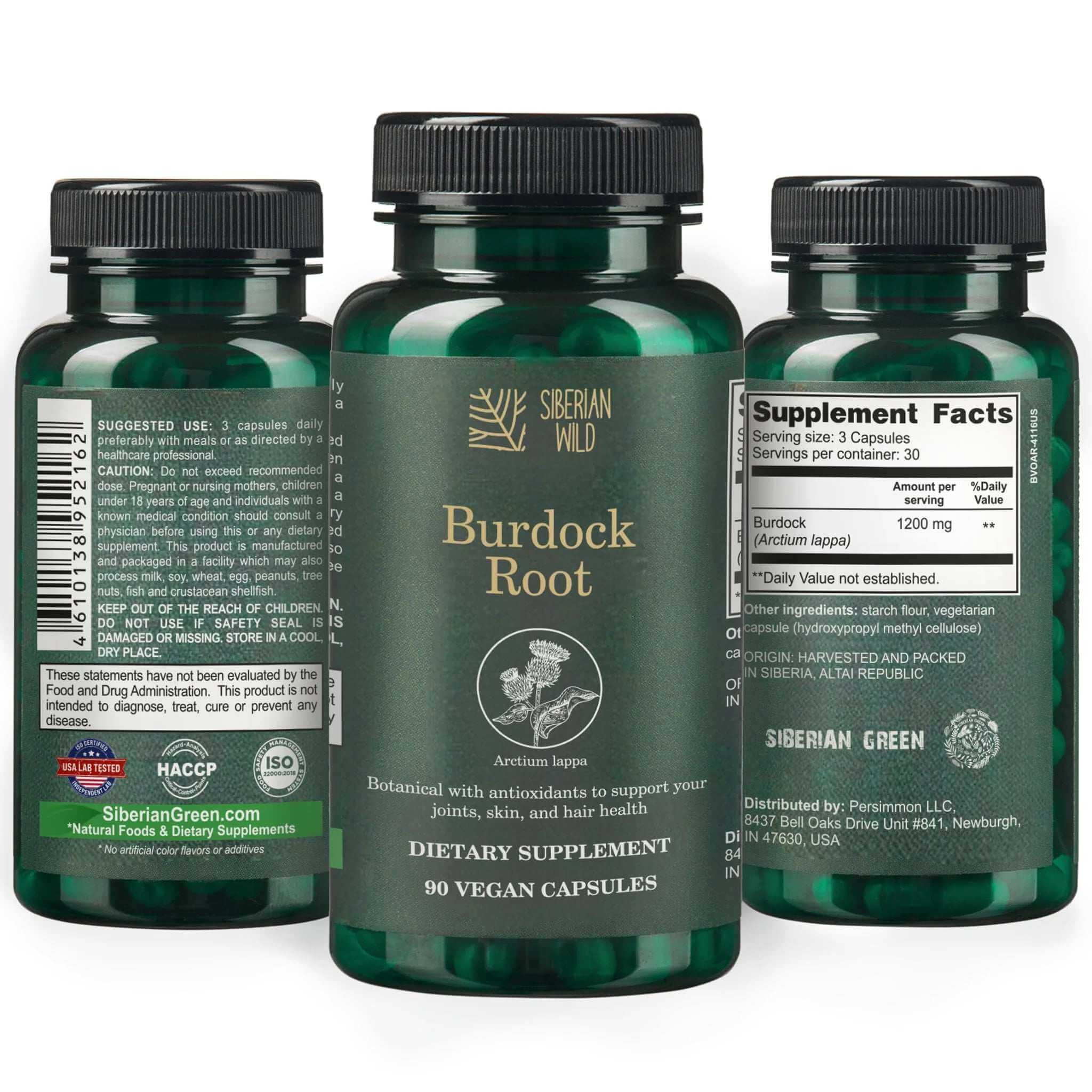 Siberian Green Siberian Wild Burdock Root Capsules, 1200mg, 90 capsules, supplement bottle with green label and white cap