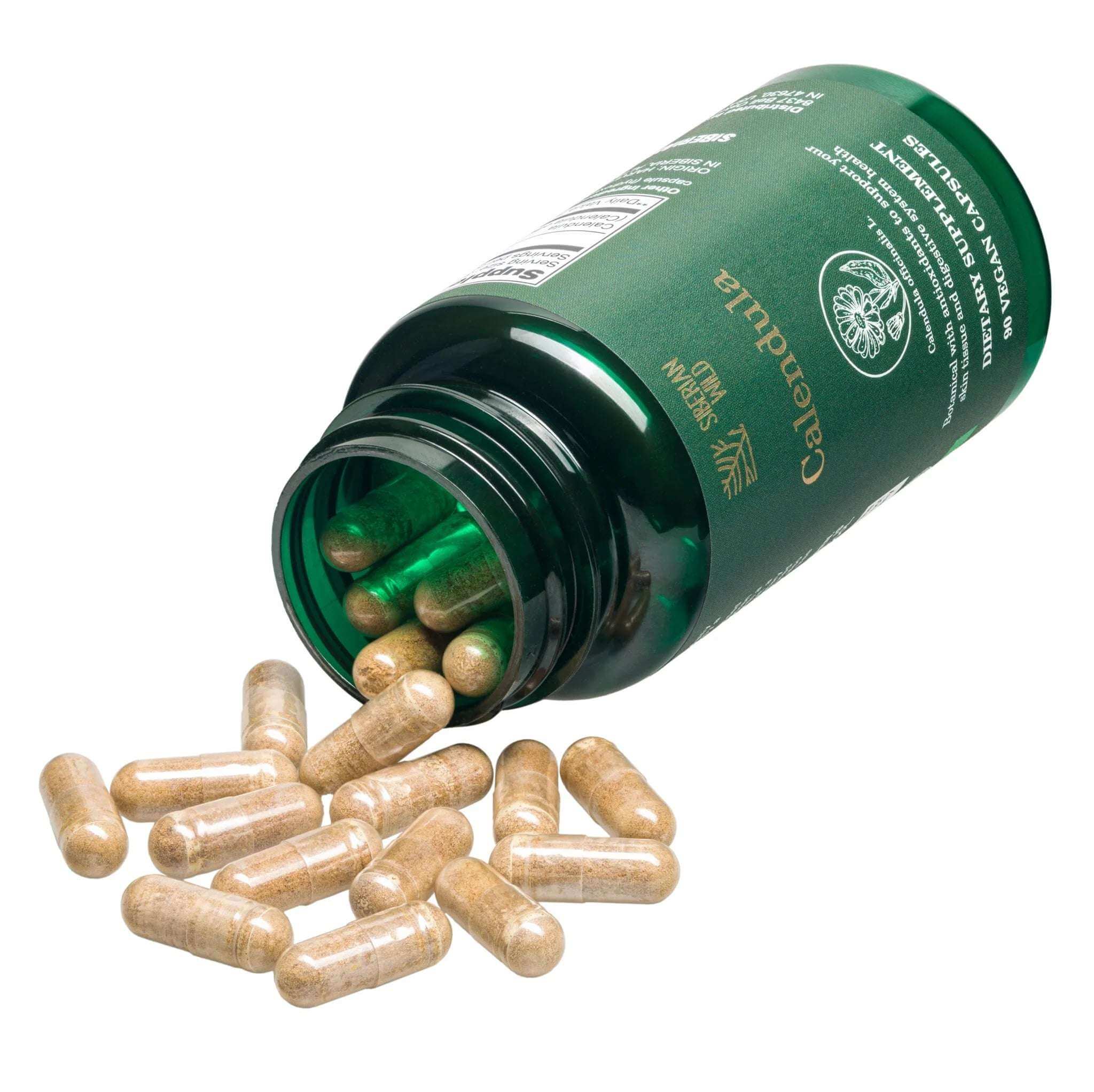 Siberian Green Siberian Wild Calendula Capsules 1800mg in a bottle, vegan dietary supplement with 90 capsules for skin health.