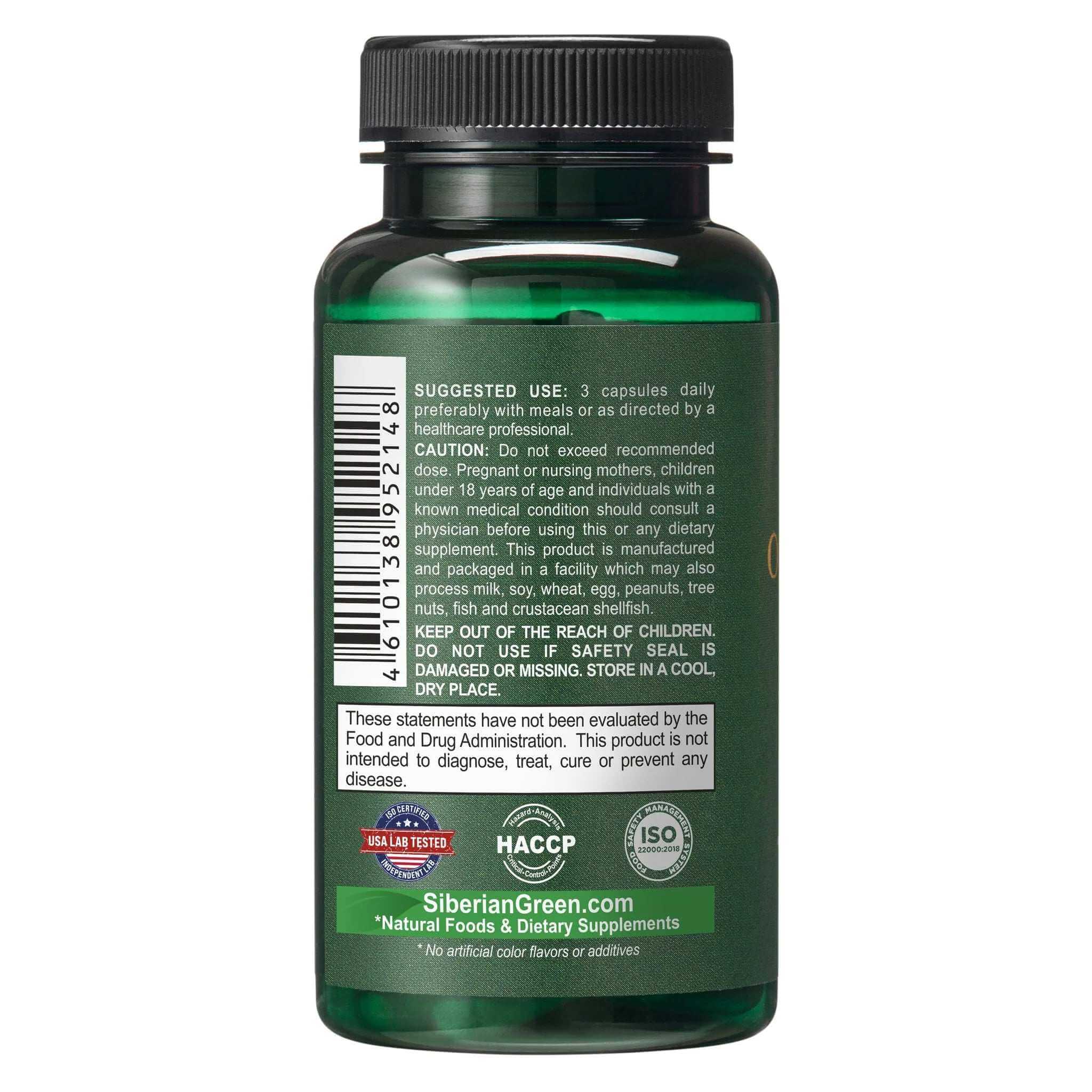Siberian Green Wild Dandelion Root Capsules 1500mg vegan supplement for liver support, shown in a bottle on a white background.