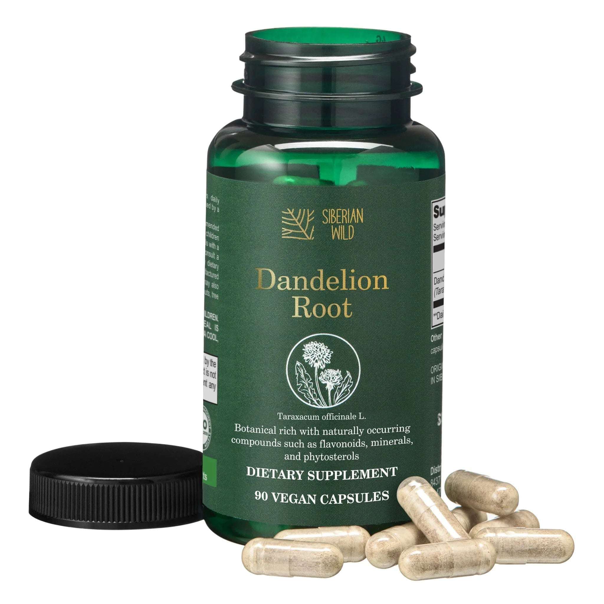 Siberian Green Siberian Wild Dandelion Root Capsules, 1500mg vegan supplement for liver support, shown in a bottle with capsules.