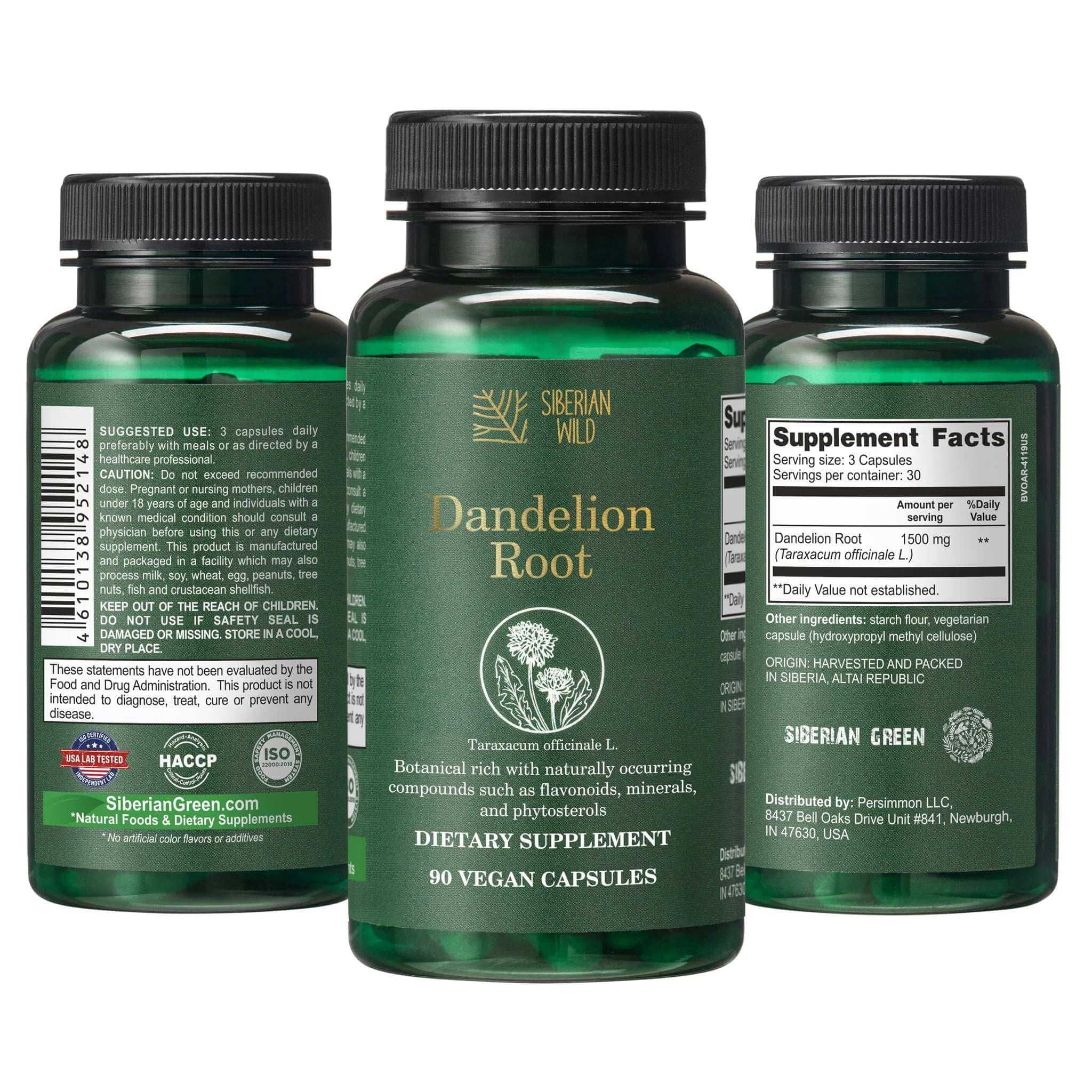 Siberian Green Siberian Wild Dandelion Root Capsules, 1500mg vegan supplement for liver support, shown in a bottle with capsules.