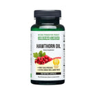 Siberian Green Hawthorn Seed Oil capsules, 200 soft gels, wild harvested, in a clear container with capsules visible inside.