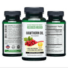 Siberian Green Hawthorn Seed Oil capsules in a bottle, 200 soft gels, wild harvested, natural herbal supplement for heart health.