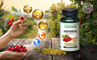 Siberian Green Hawthorn Seed Oil capsules, 200 soft gels, wild harvested, in a clear bottle with green and white label.