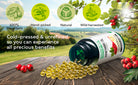 Siberian Green Hawthorn Seed Oil capsules, 200 soft gels, wild harvested, featuring green-hued capsules and natural packaging.