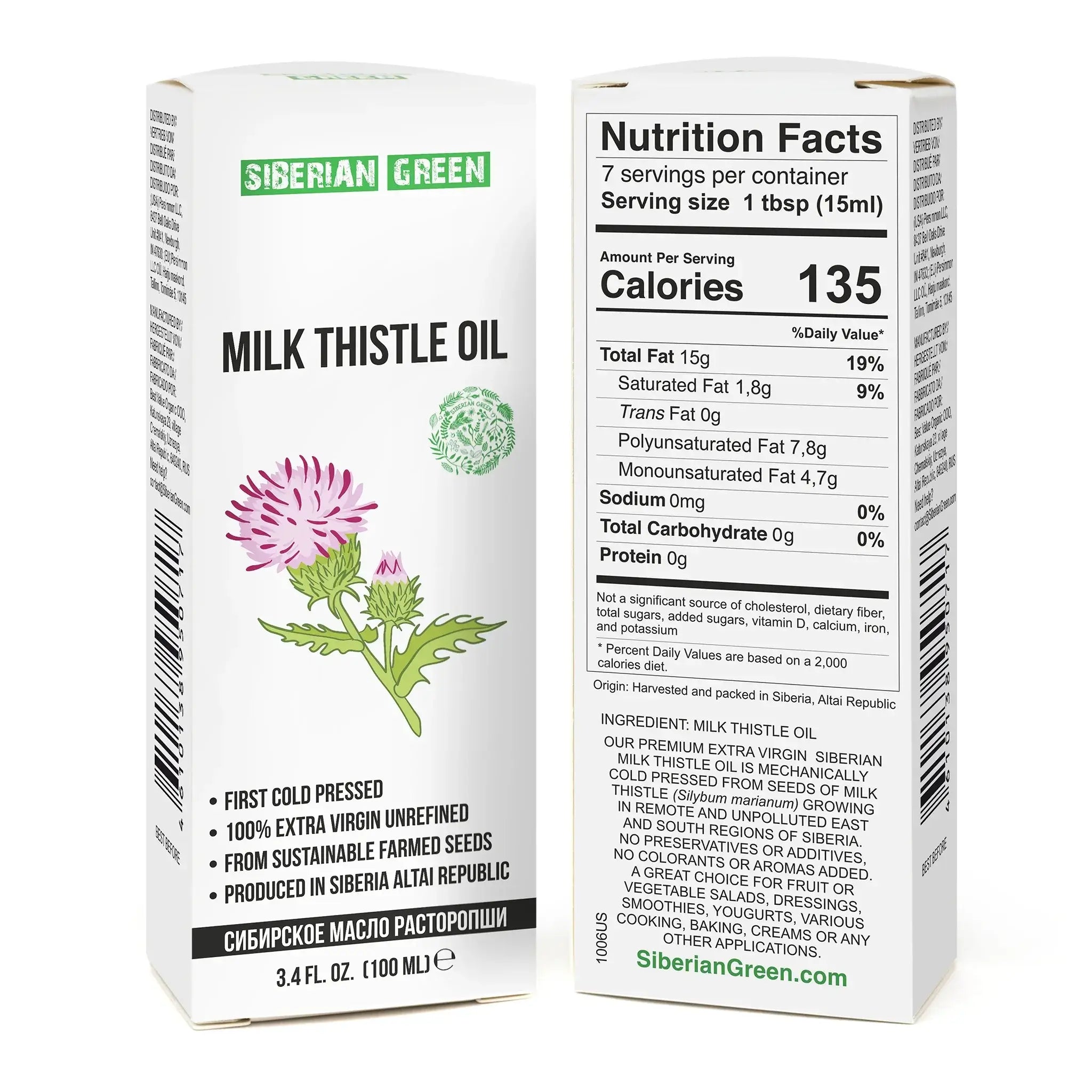 Siberian organic milk thistle oil packaging featuring nutrition facts and benefits of cold pressed extraction.