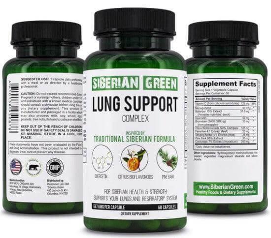 Siberian Green Herbal Lung Support supplement with pine bark and quercetin in a bottle of 60 capsules, dietary vitamins and supplements.
