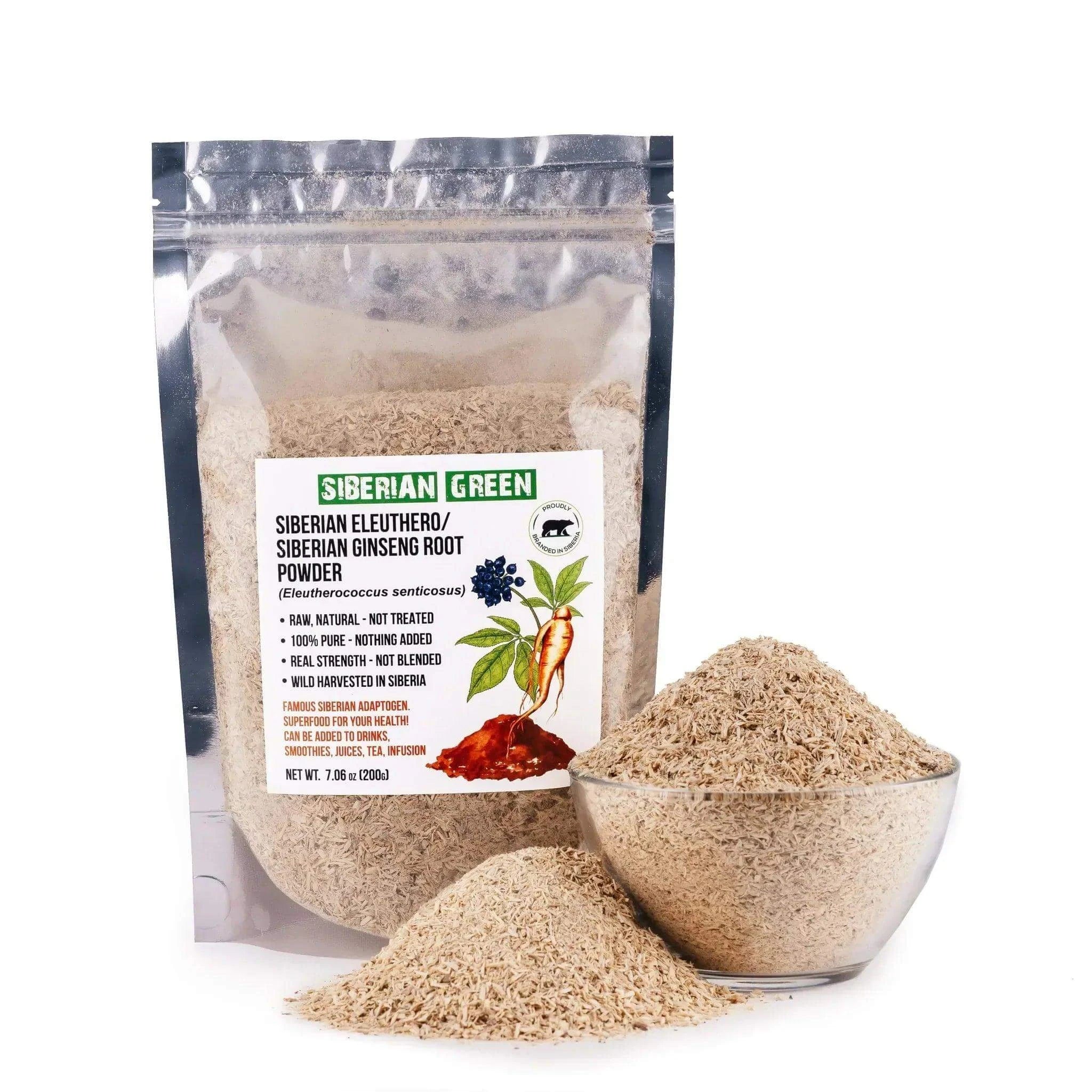 Dried Siberian Green Siberian Ginseng root powder in a 200g package, used as a dietary supplement for natural energy support.