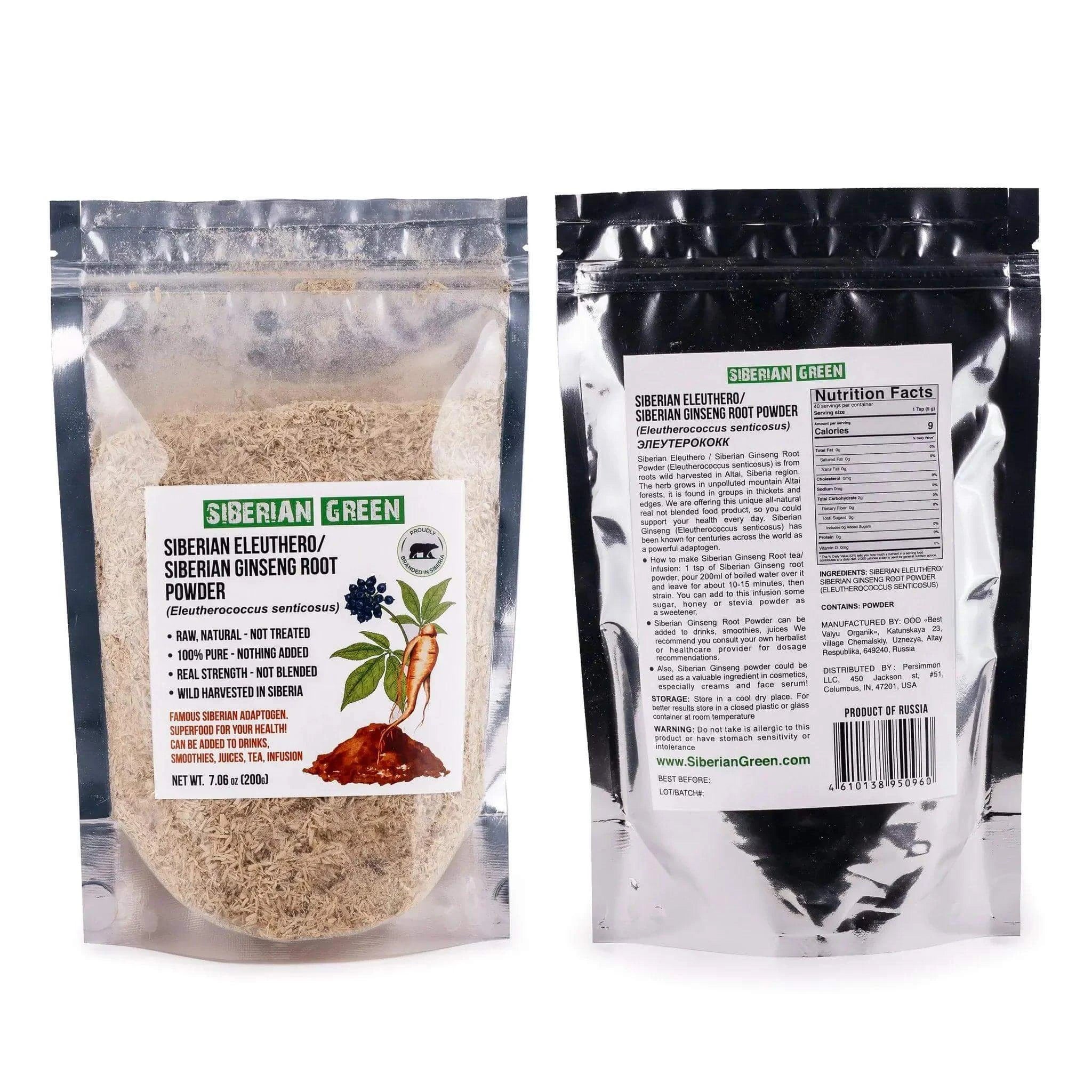 Siberian Green Siberian Ginseng dried root powder in a 200g package, shown in a clear image with the powder and packaging.