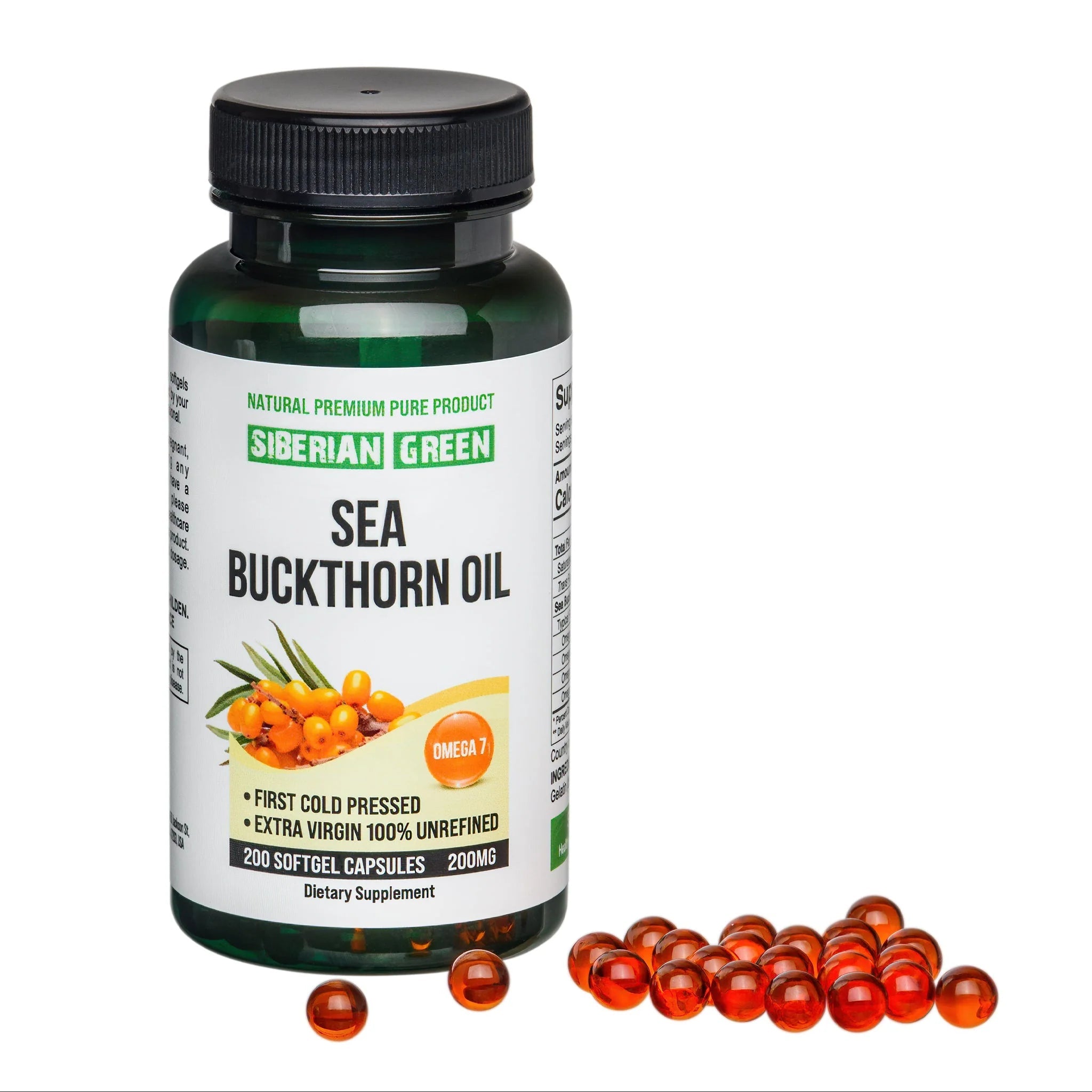 Siberian Sea Buckthorn Oil 200 Softgels Cold Pressed Unrefined Omega 7 - Alkaline World