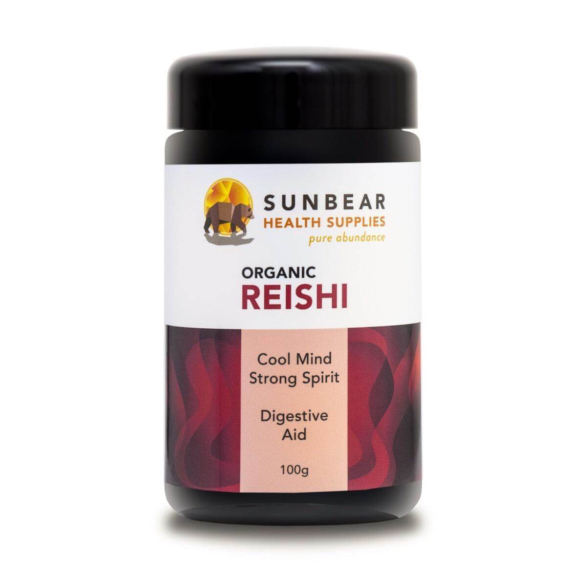 Sunbear Premium Organic Reishi Extract 16:1 ratio in a 100g package, natural superfood supplement with earthy mushroom appearance.