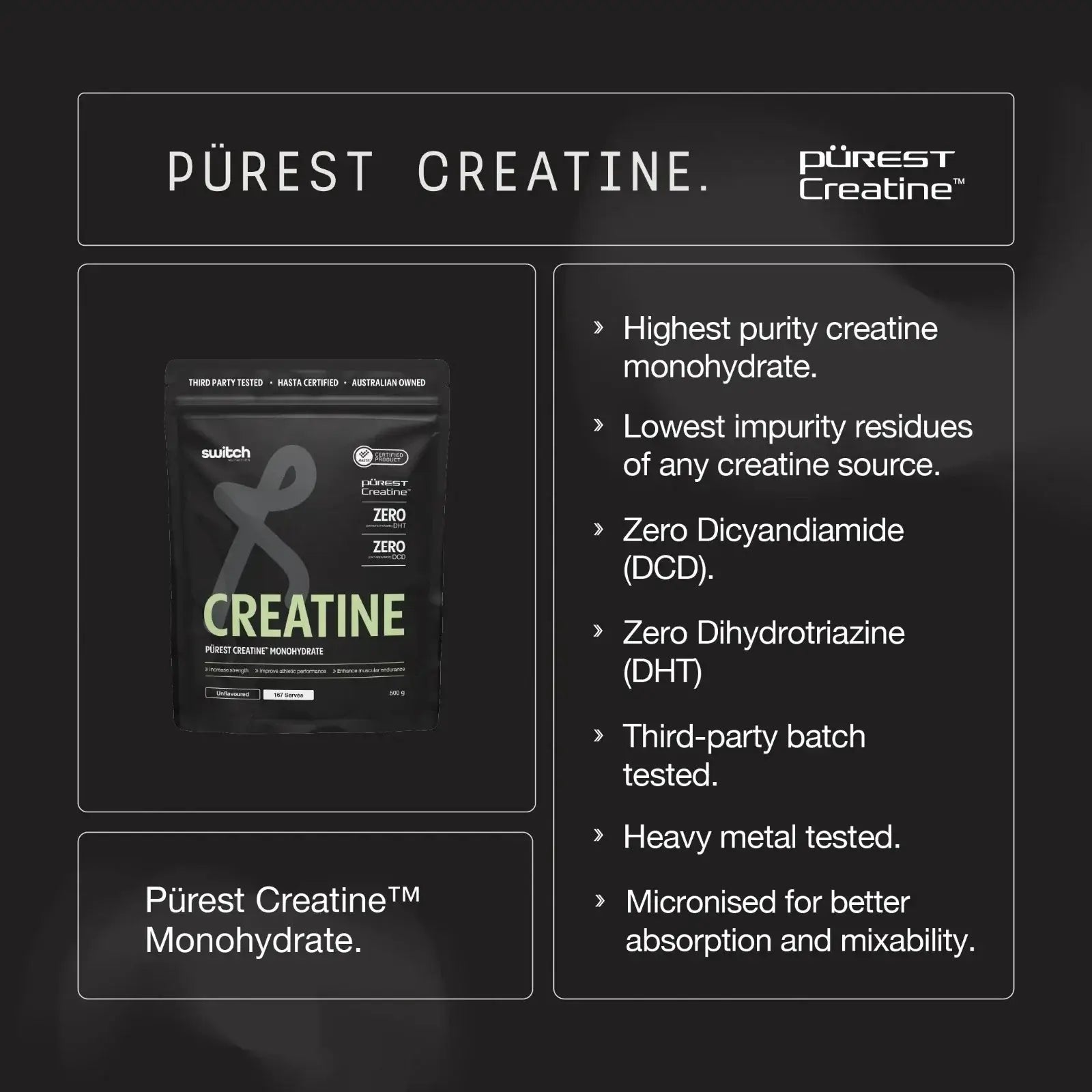 Switch Nutrition Perform Purest® Creatine Monohydrate 500g highlighting pure creatine monohydrate features like purity and testing.