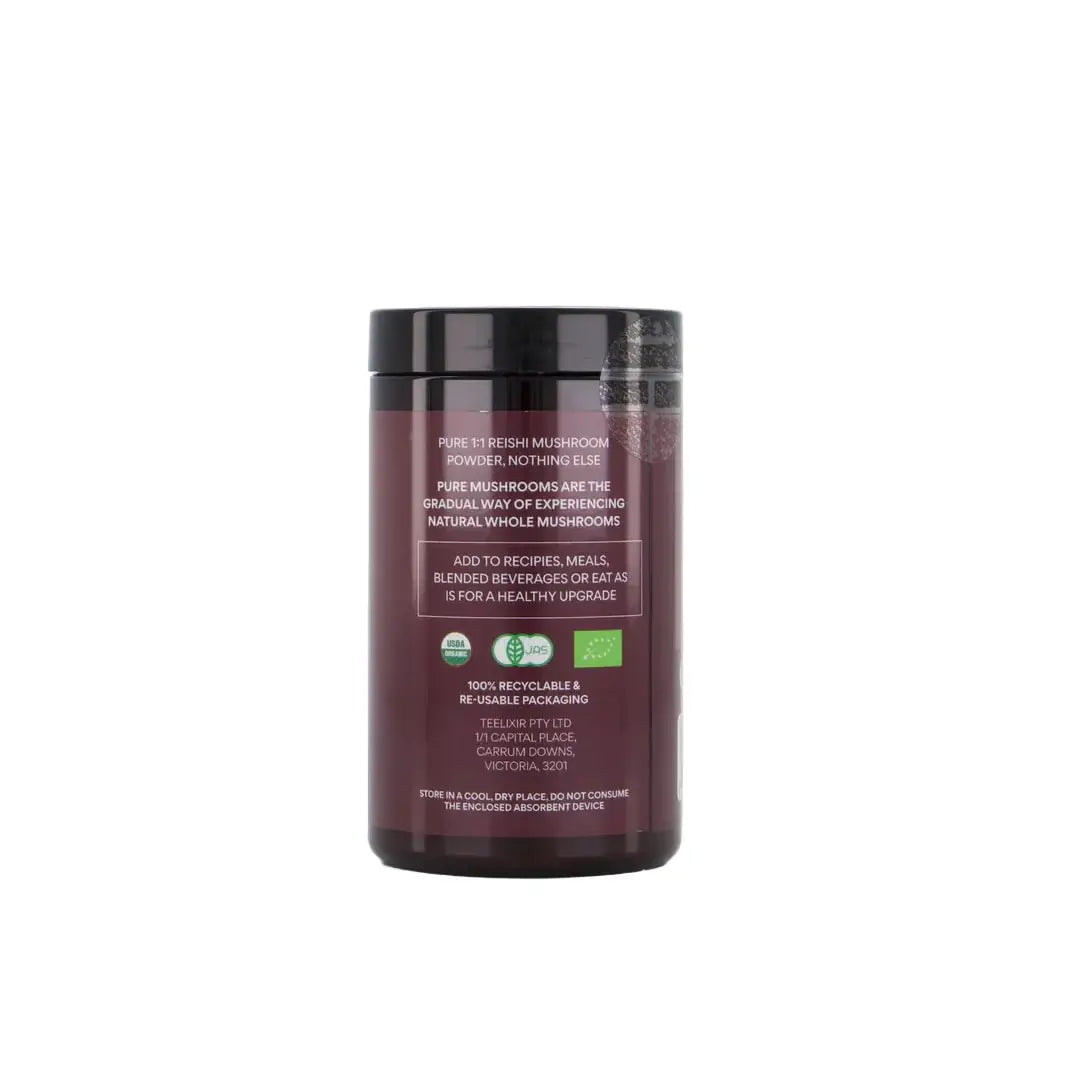 Organic Reishi Mushroom supplement by Teelixir, 100g jar, showcasing the natural mushroom content in a clear container.