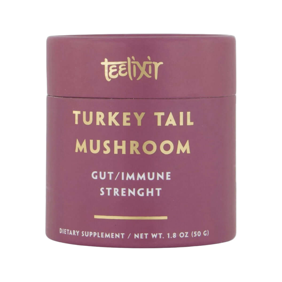 Teelixir Organic Turkey Tail Mushroom 10:1 Dual Extract Powder for gut and immune support, 50g jar of vitamins and supplements.