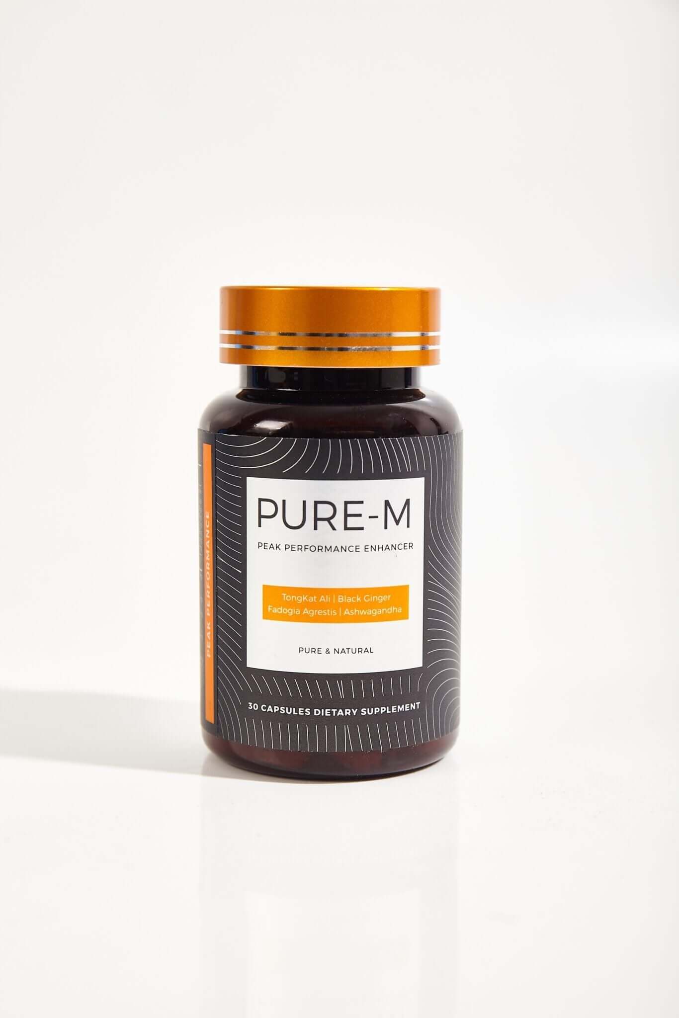 Therapeia Pure M Men’s Vitality multivitamin capsules in a bottle, designed to support men's health and energy levels.